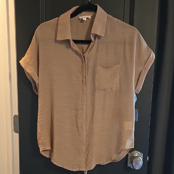 Tan Short Sleeve Button-Up Shirt - Picture 1 of 4